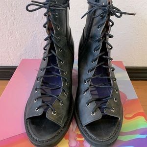 Jeffrey Campbell Meriwidow Black Leather Open Toe Lace Up Bootie